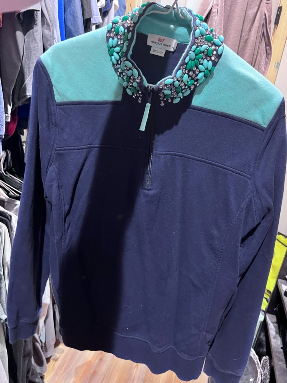 Vineyard Vines Navy and Teal Beaded Quarter-Zip Pullover